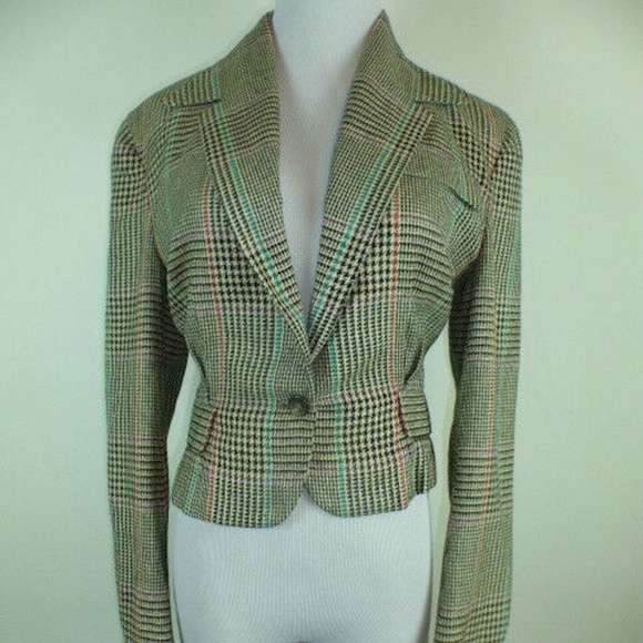 Vintage Ralph Lauren silk glen plaid jacket blazer tan black 6